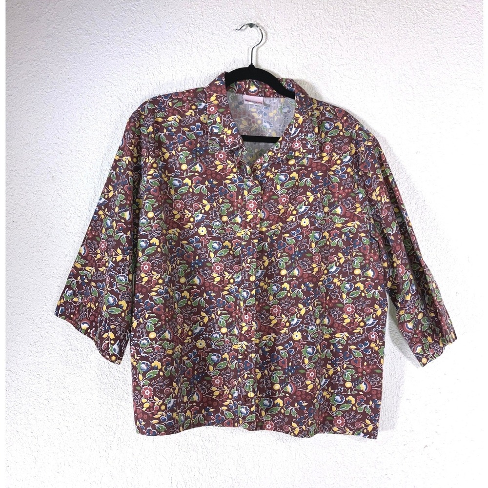 VINTAGE - American Sweetheart Womens Brown Floral‎ Button Front 3/4 Sleeve Shirt